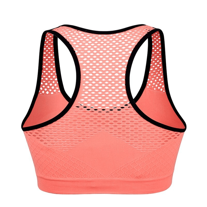 Back view of a coral women's seamless yoga top with mesh design, highlighting its breathable fabric and sporty look, ideal for workouts.
